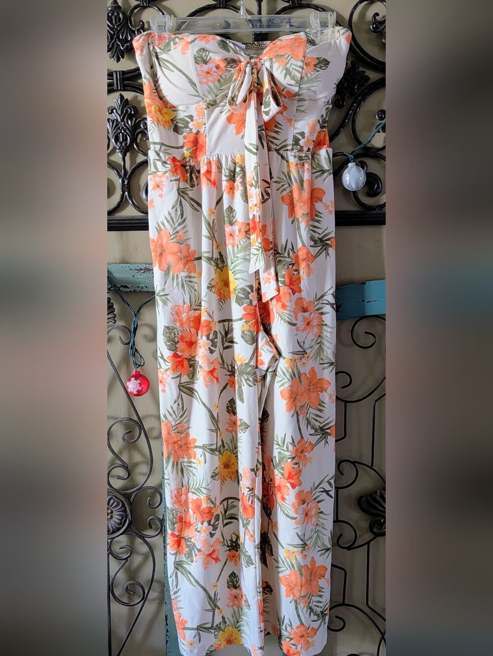 No Boundaries Cream Strapless Wide-Leg Jumpsuit with Orange Floral Print